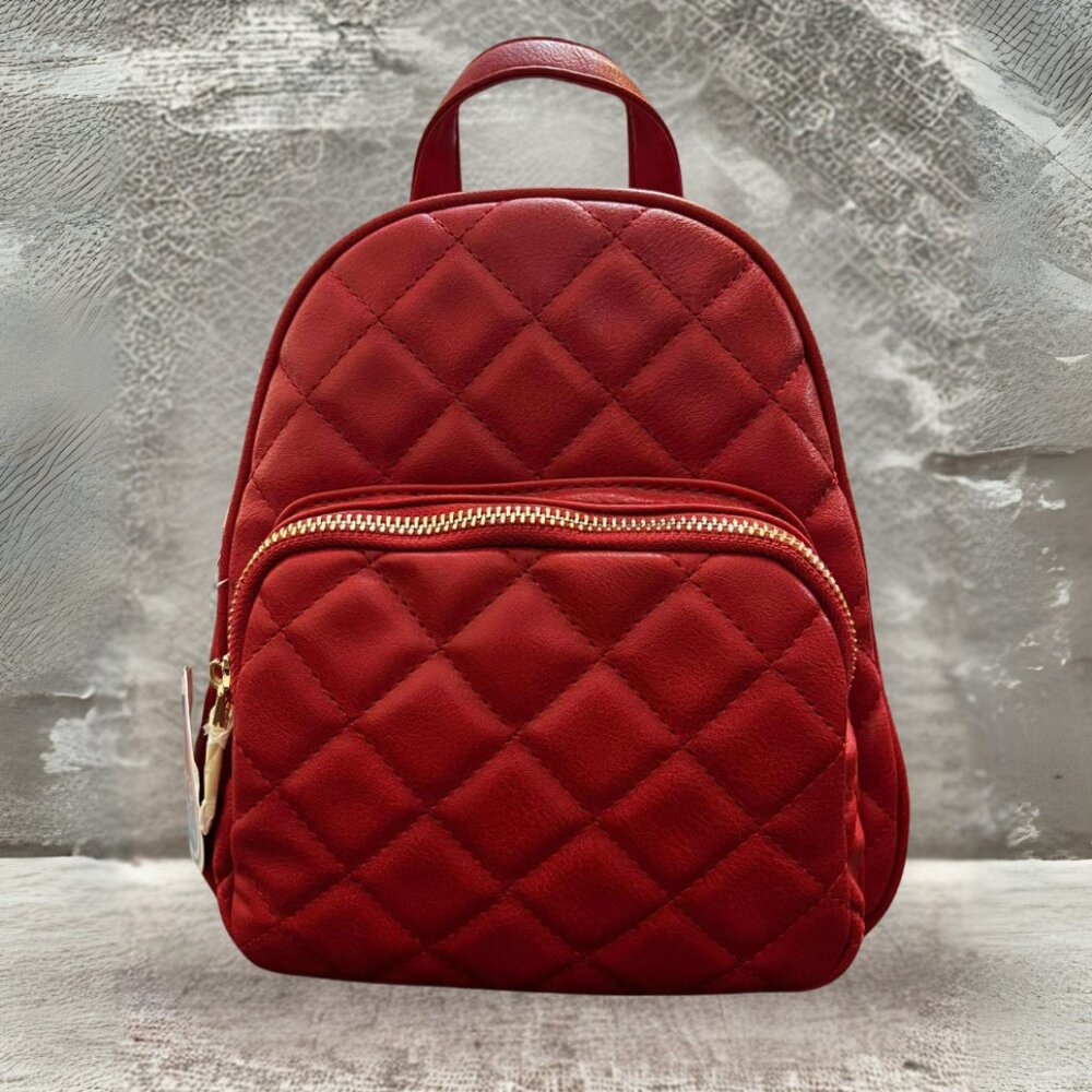 Red Quilted Leatherette Mini Backpack Purse